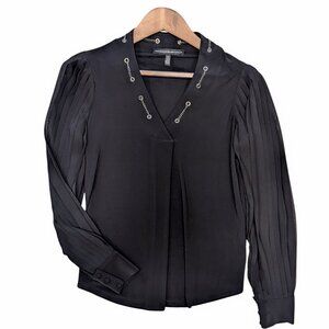 WHBM XS Black Long Sheer Pleated Sleeve V-Neck Blouse Silver Chain Detailing